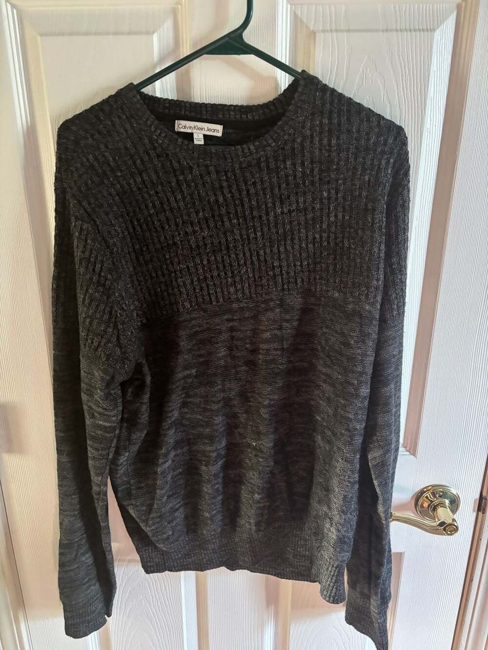 Calvin Klein Jeans Sweater Size L Gray Ribbed Knit Long Sleeve Crewneck